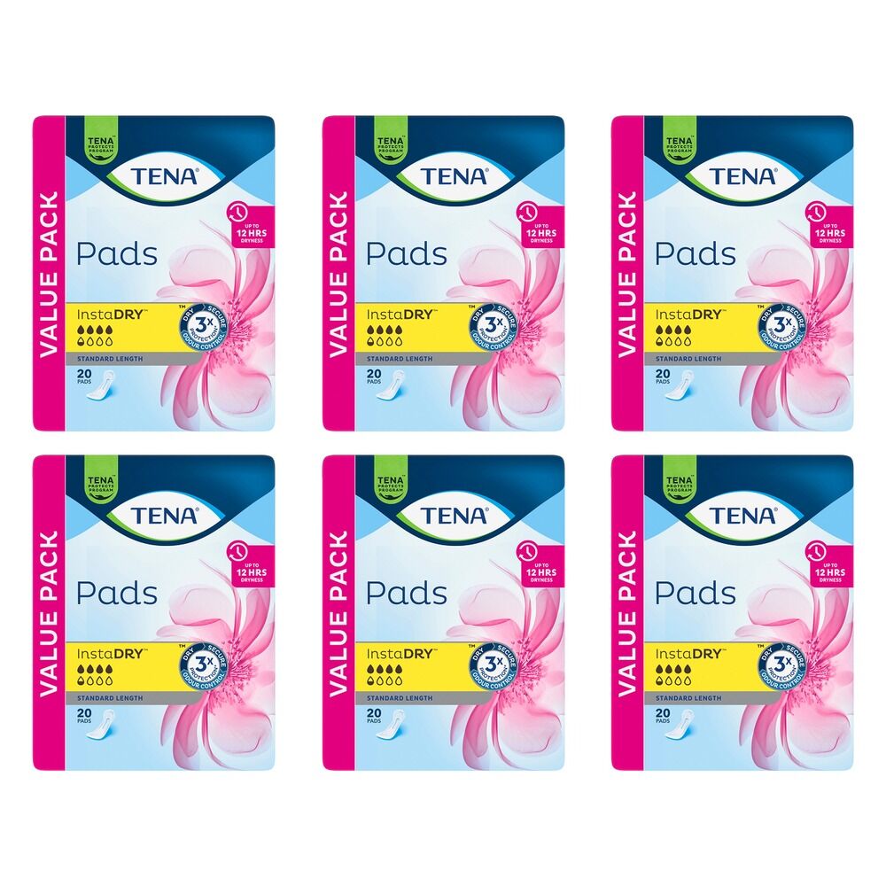 Tena InstaDry Standard Length Pads 20 Pack x 3 Bundle of 6
