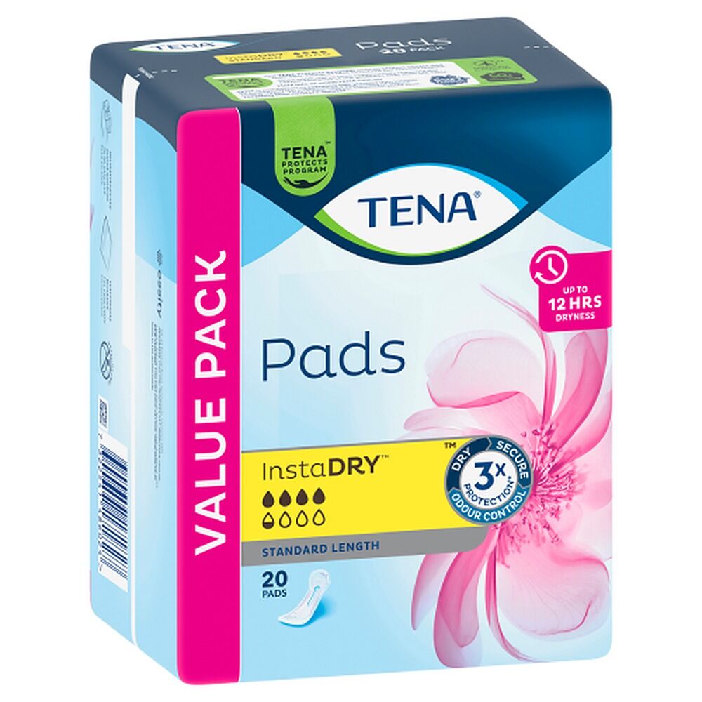 Tena InstaDry Standard Length Pads 20 Pack x 3