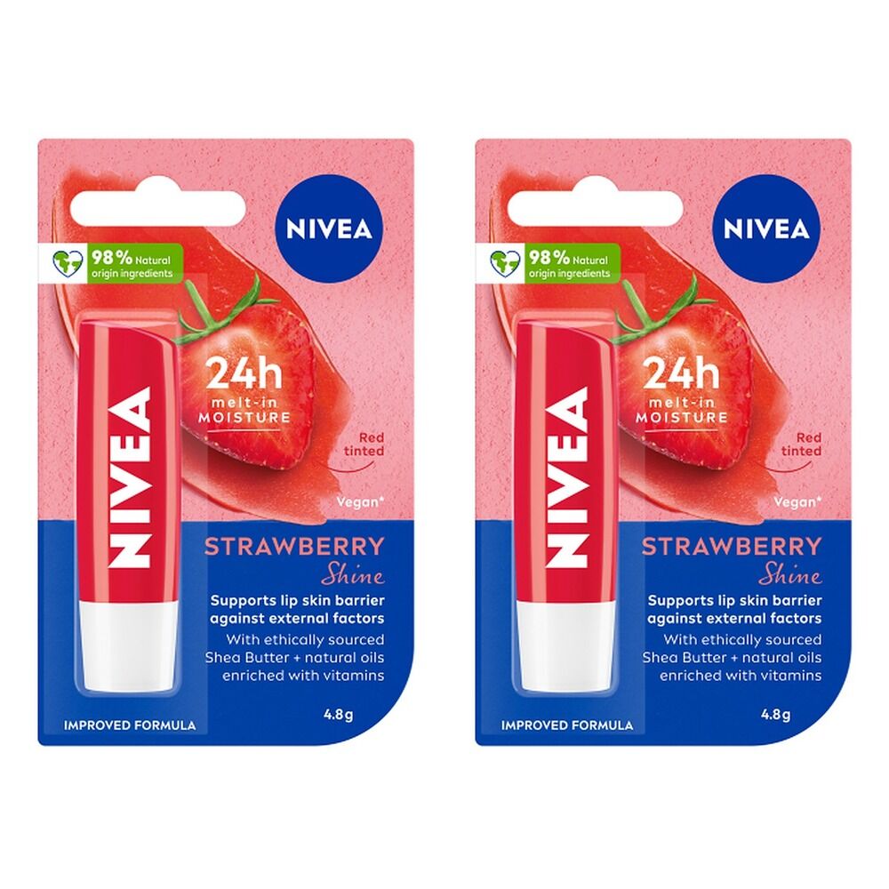 NIVEA 24h Melt-In Moisture Lip Balm Strawberry Shine 4.8g Pack of 2