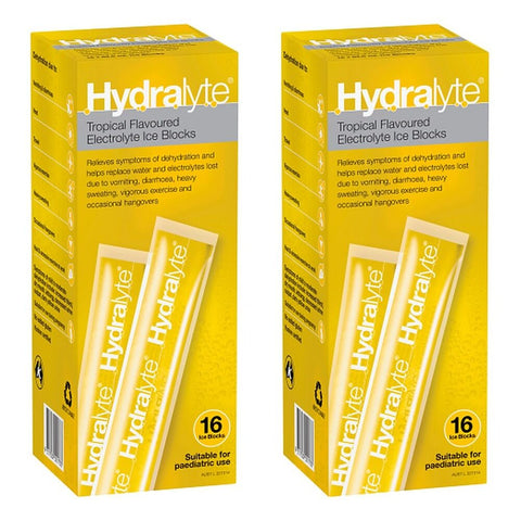 Hydralyte Tropical Flavoured Electrolyte Ice Blocks 16 Pack Bundle of 2