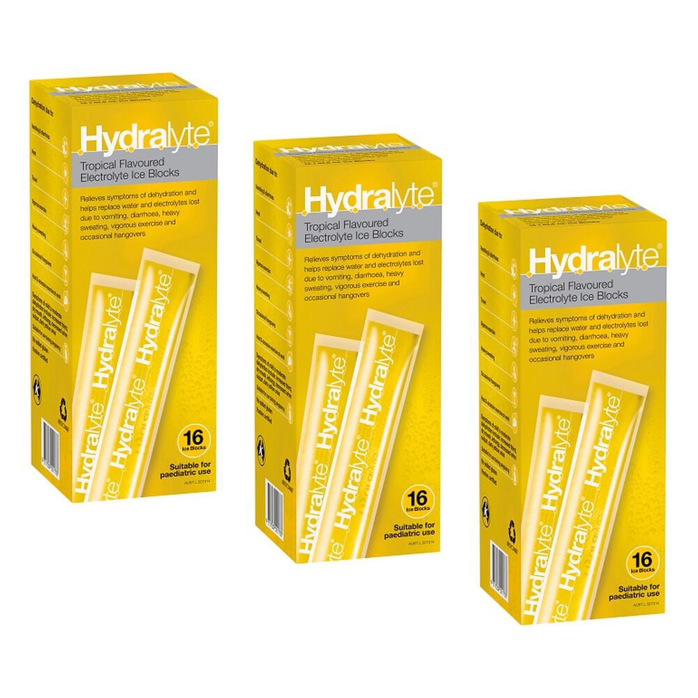 Hydralyte Tropical Flavoured Electrolyte Ice Blocks 16 Pack Bundle of 3