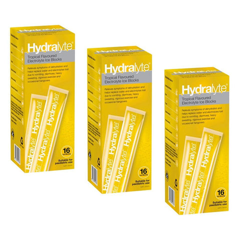 Hydralyte Tropical Flavoured Electrolyte Ice Blocks 16 Pack Bundle of 3
