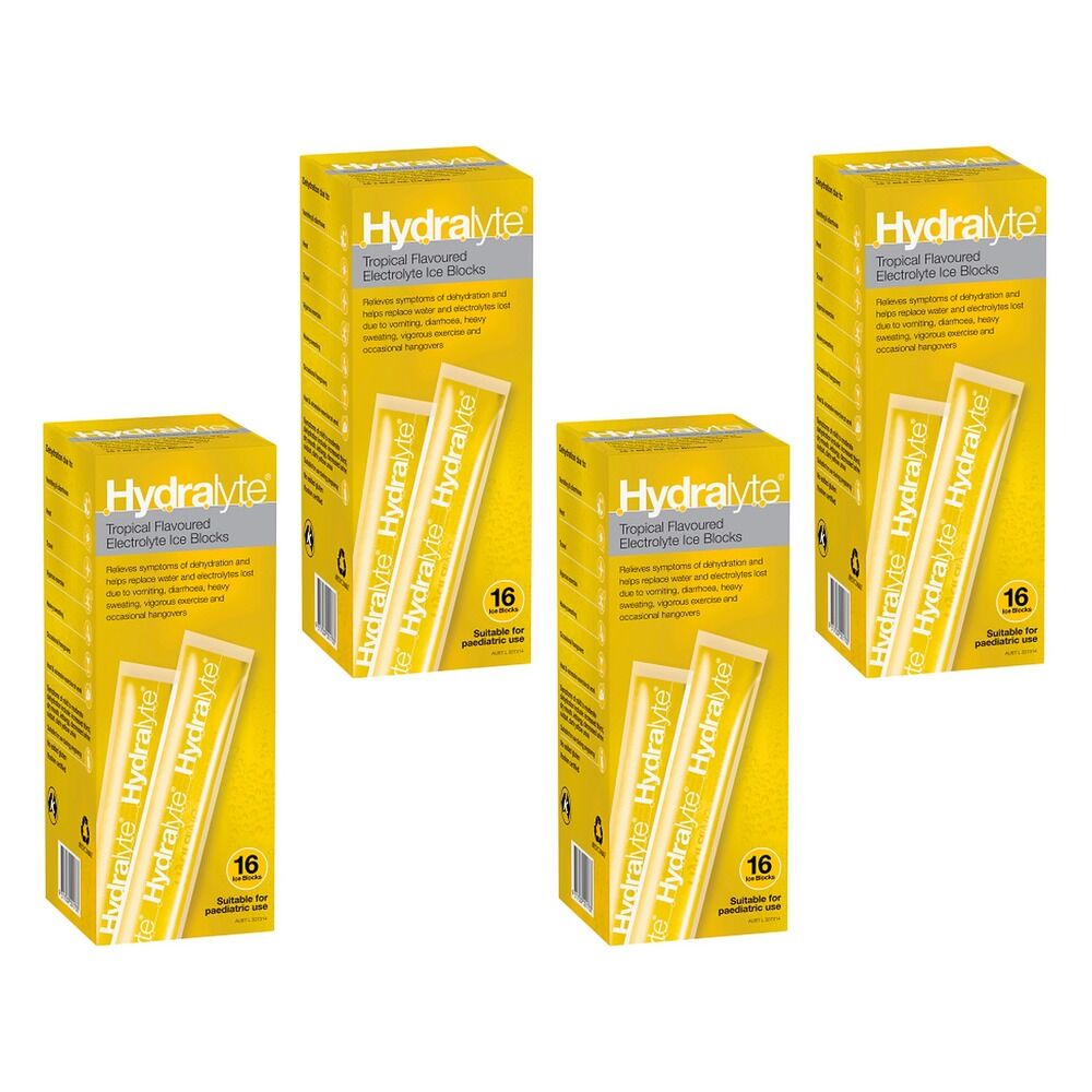 Hydralyte Tropical Flavoured Electrolyte Ice Blocks 16 Pack Bundle of 4