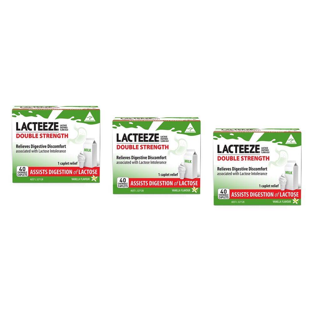 Lacteeze Double Strength 40 Chewable Caplets Pack of 3