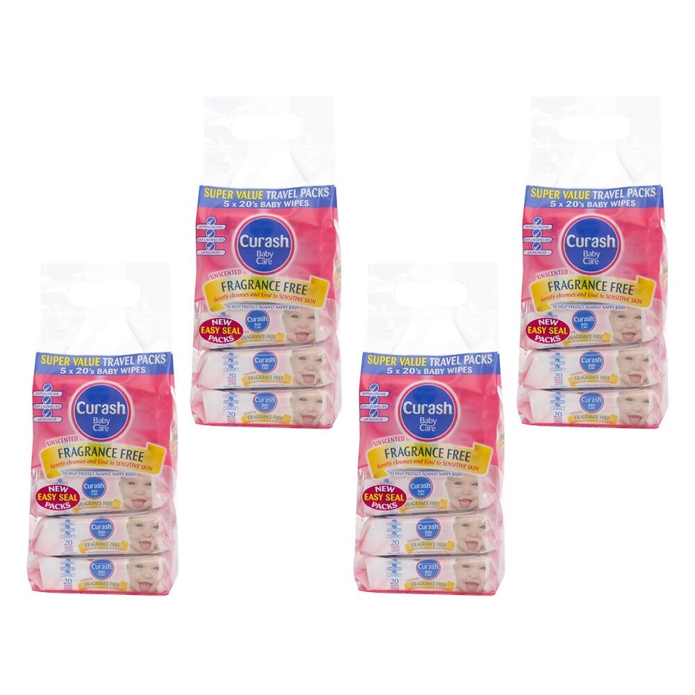 Curash Fragrance Free Baby Wipes, Mini Travel Packs, 5 x 20 Pack Bundle of 4