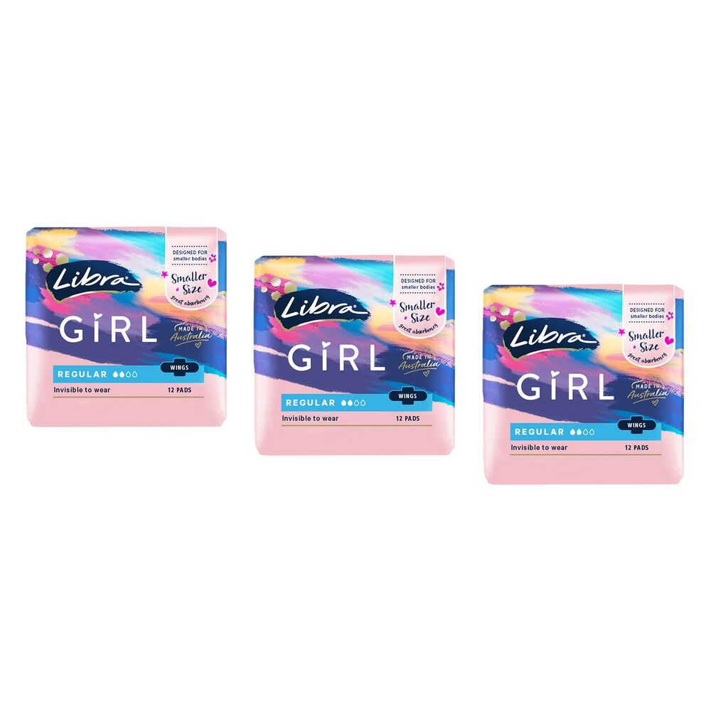 Libra Girl Regular Pads with Wings 12 Pack x 6 Bundle of 3
