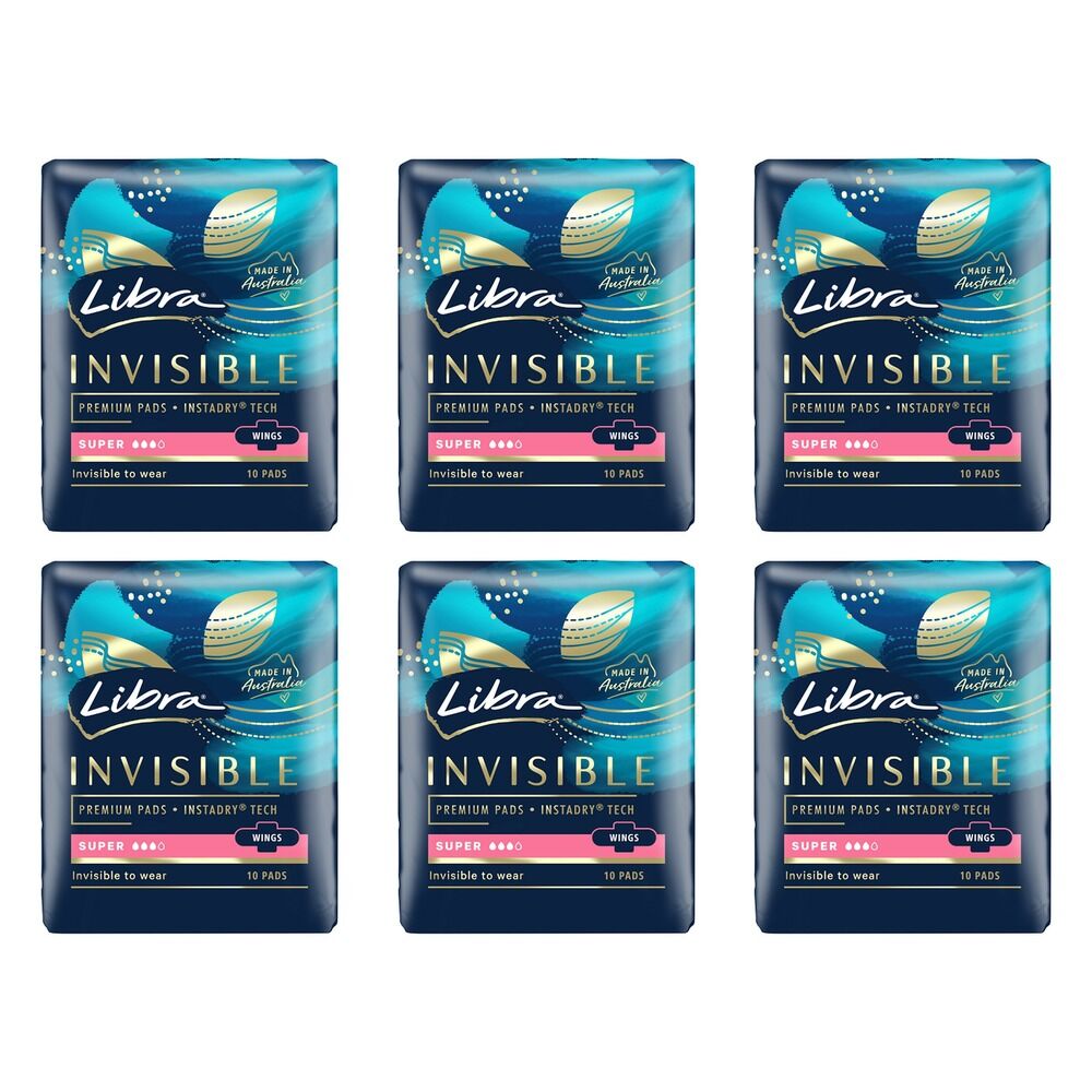 Libra Invisible Super Pads with Wings 10 Pack x 6 Bundle of 6