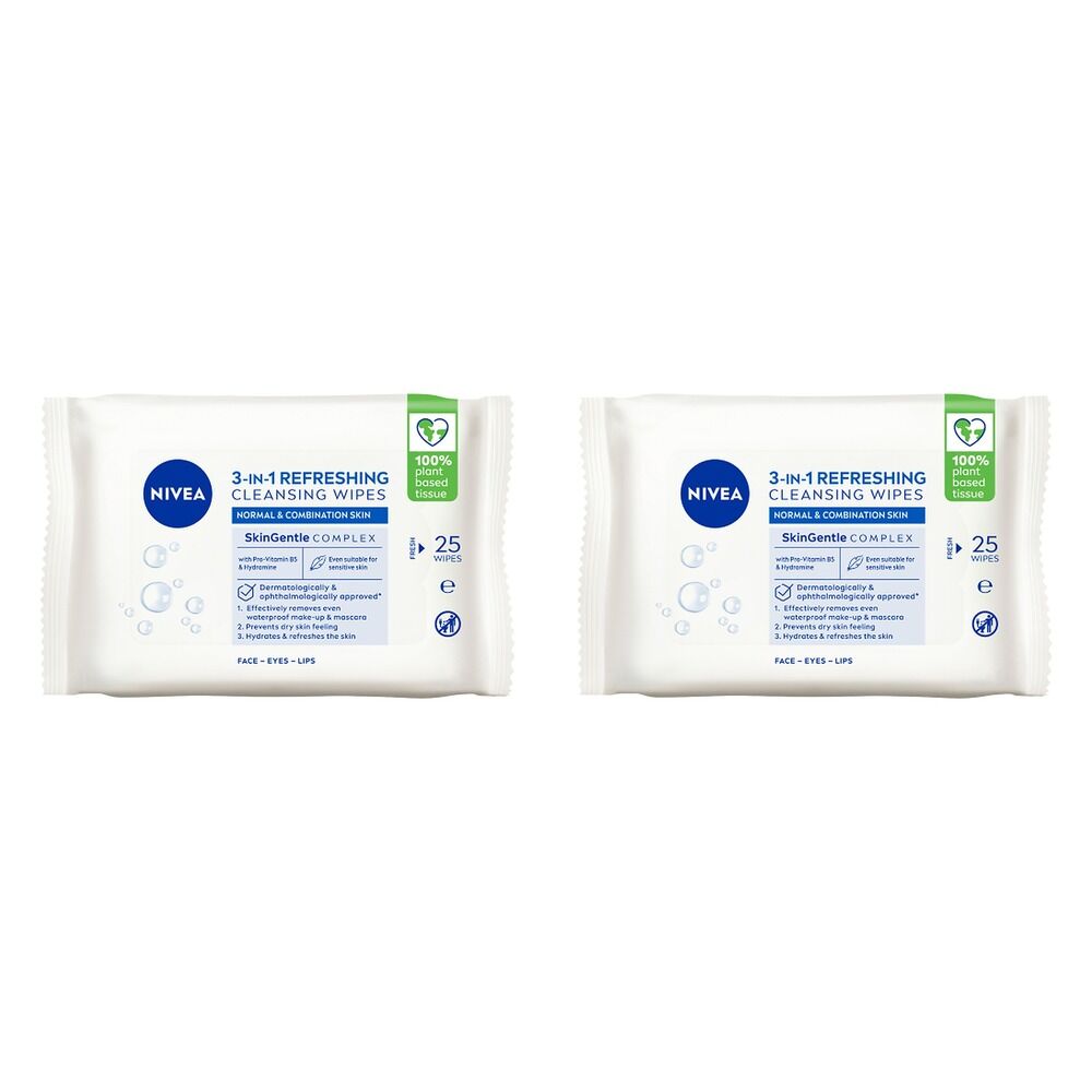 NIVEA 3-in-1 Refreshing Cleansing Wipes 25 Pack Bundle of 2