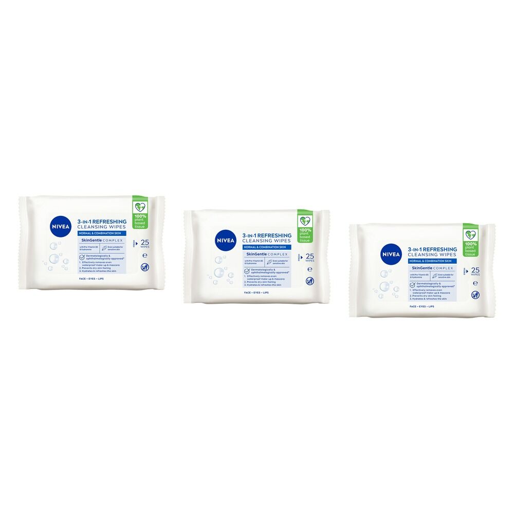 NIVEA 3-in-1 Refreshing Cleansing Wipes 25 Pack Bundle of 3