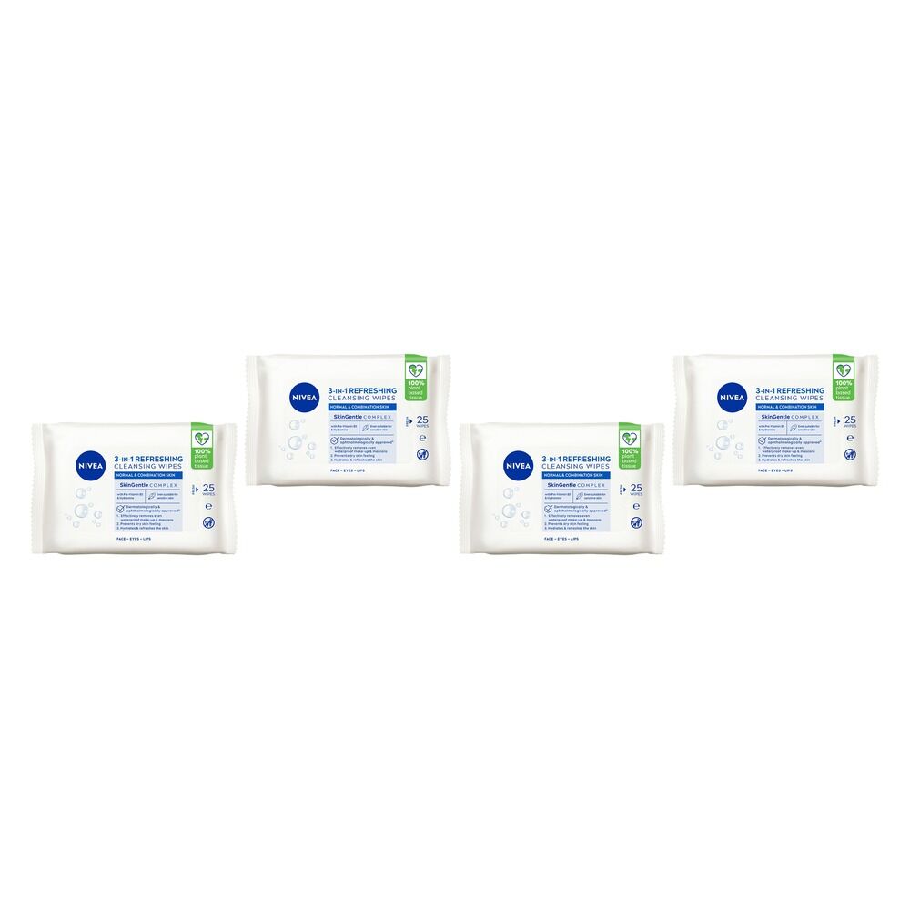 NIVEA 3-in-1 Refreshing Cleansing Wipes 25 Pack Bundle of 4
