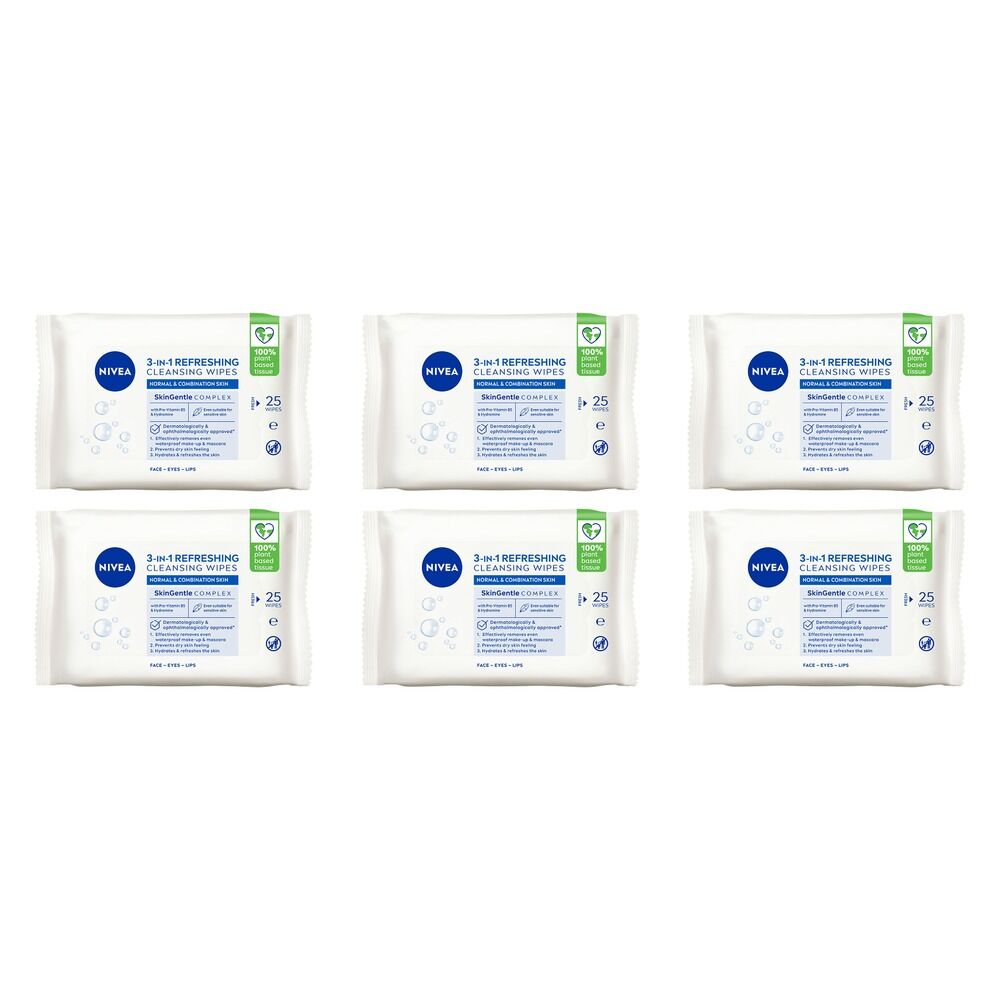 NIVEA 3-in-1 Refreshing Cleansing Wipes 25 Pack Bundle of 6