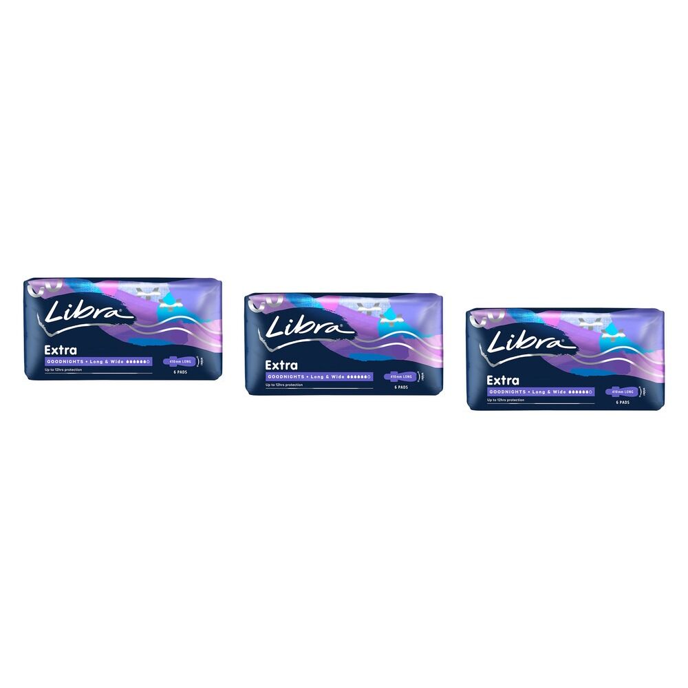 Libra Goodnights Extra Long & Wide Pads with Wings 6 Pack x 6 Bundle of 3