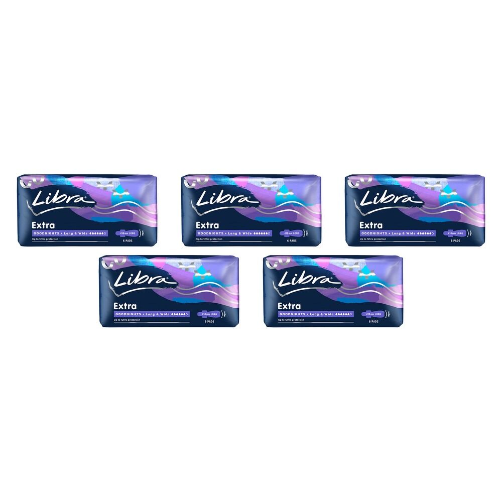 Libra Goodnights Extra Long & Wide Pads with Wings 6 Pack x 6 Bundle of 5