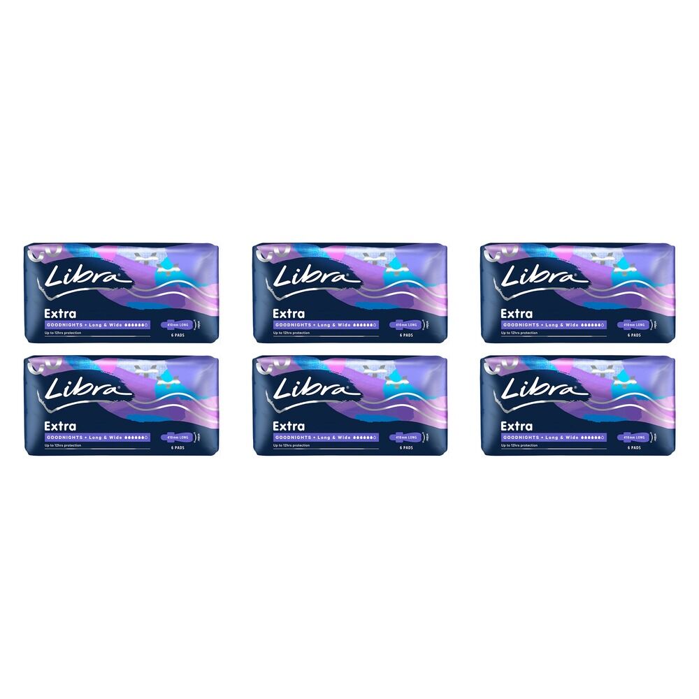 Libra Goodnights Extra Long & Wide Pads with Wings 6 Pack x 6 Bundle of 6
