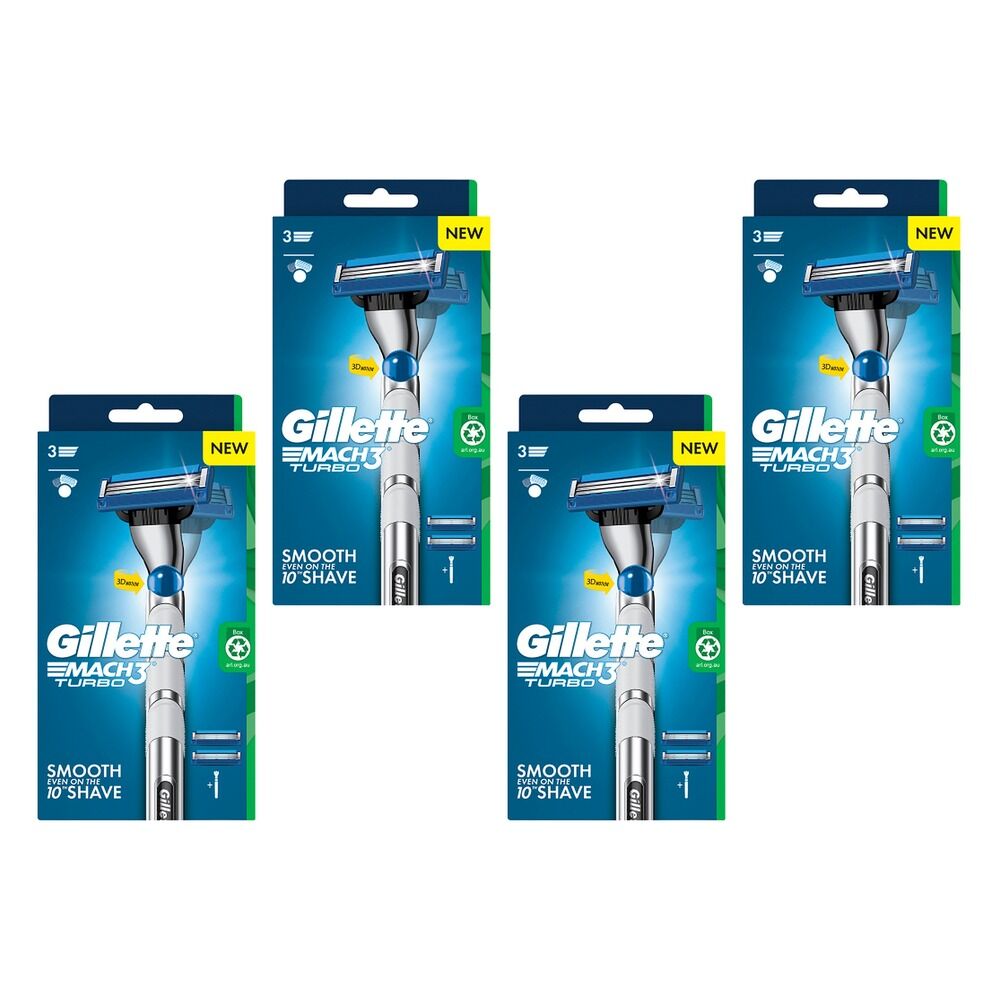 Gillette Mach3 Turbo Razor Handle + 2 Cartridges 3 Piece Set Pack of 4
