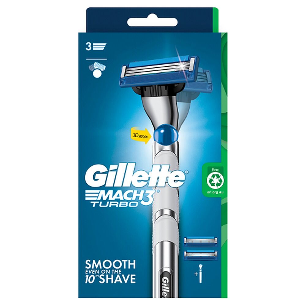 Gillette Mach3 Turbo Razor Handle + 2 Cartridges 3 Piece Set