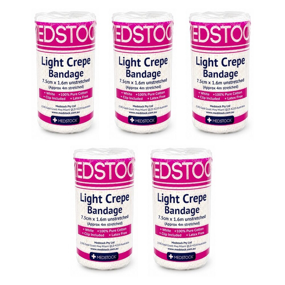 Medstock Light Crepe Band with Clip 7.5cm x 1.6m 1 Roll Pack of 5