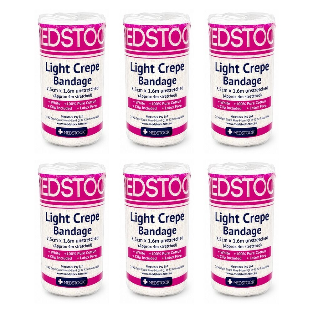 Medstock Light Crepe Band with Clip 7.5cm x 1.6m 1 Roll Pack of 6