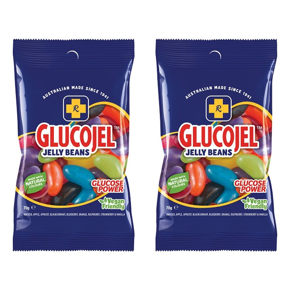 GLUCOJEL Jelly Beans 70g Glucose Energy Candy Vegan Friendly Bundle of 2