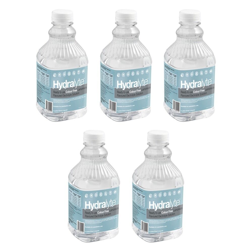 Hydralyte Colour Free Lemonade Flavoured Electrolyte Solution 1 L Pack of 5