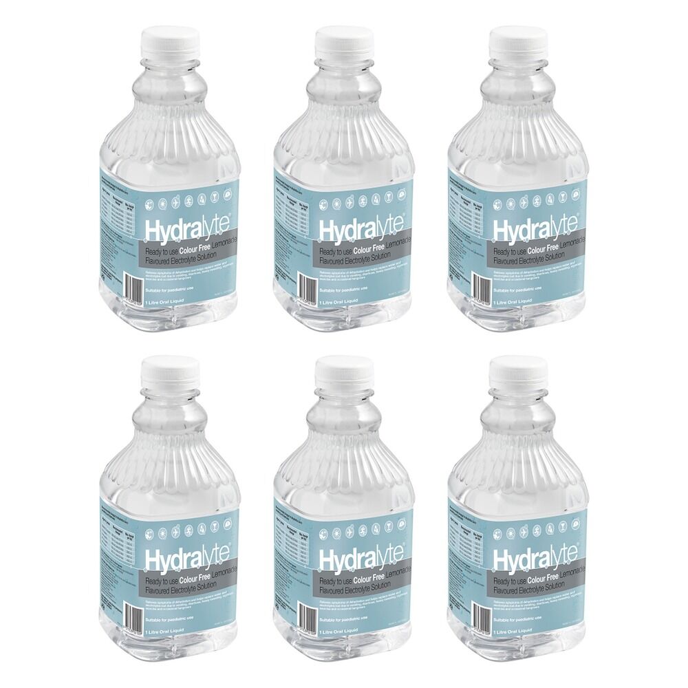 Hydralyte Colour Free Lemonade Flavoured Electrolyte Solution 1 L Pack of 6