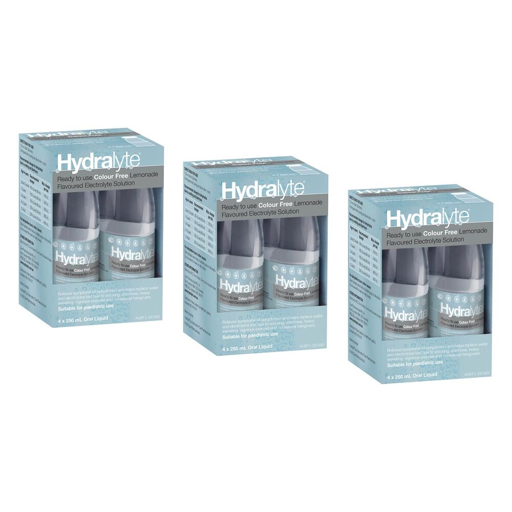 Hydralyte Colour Free Lemonade Flavoured Electrolyte Solution 4 Pack Bundle of 3