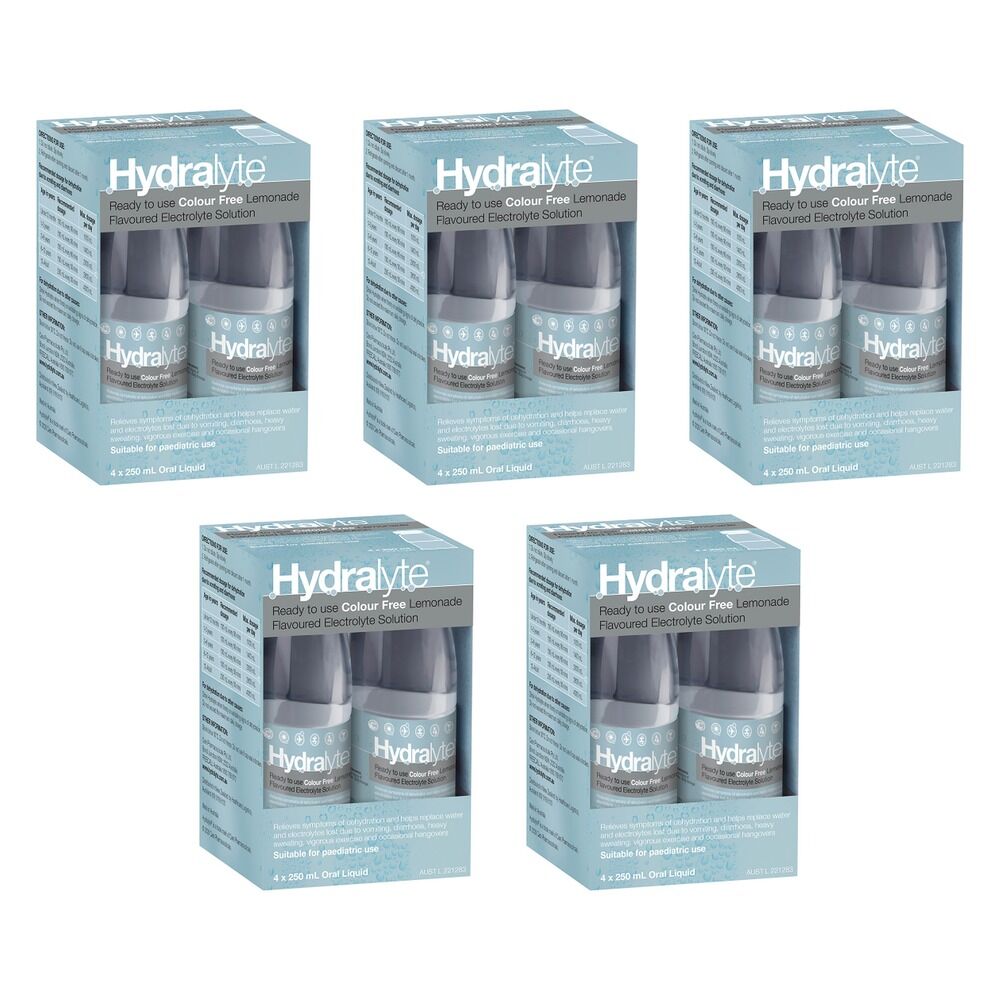 Hydralyte Colour Free Lemonade Flavoured Electrolyte Solution 4 Pack Bundle of 5