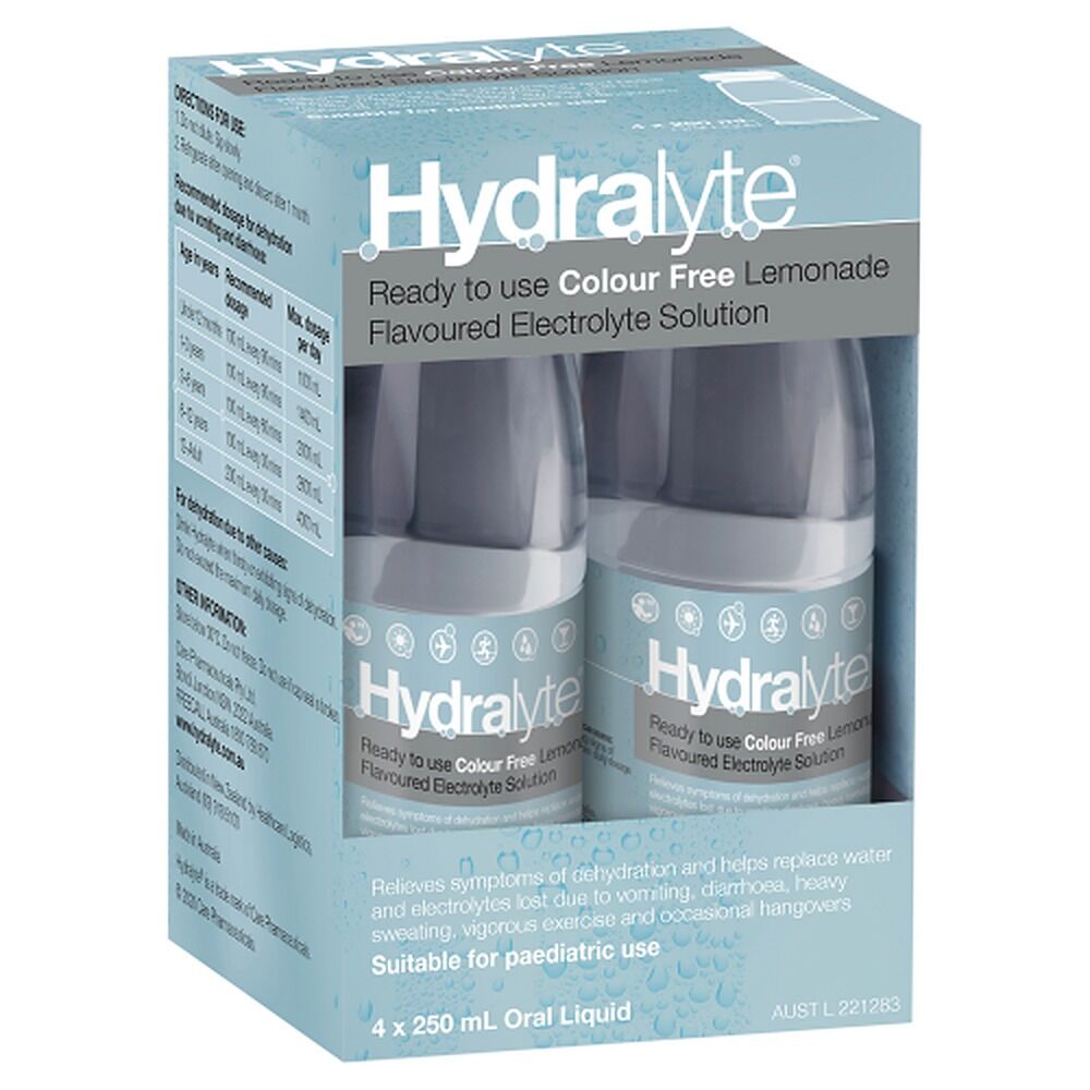 Hydralyte Colour Free Lemonade Flavoured Electrolyte Solution 4 Pack