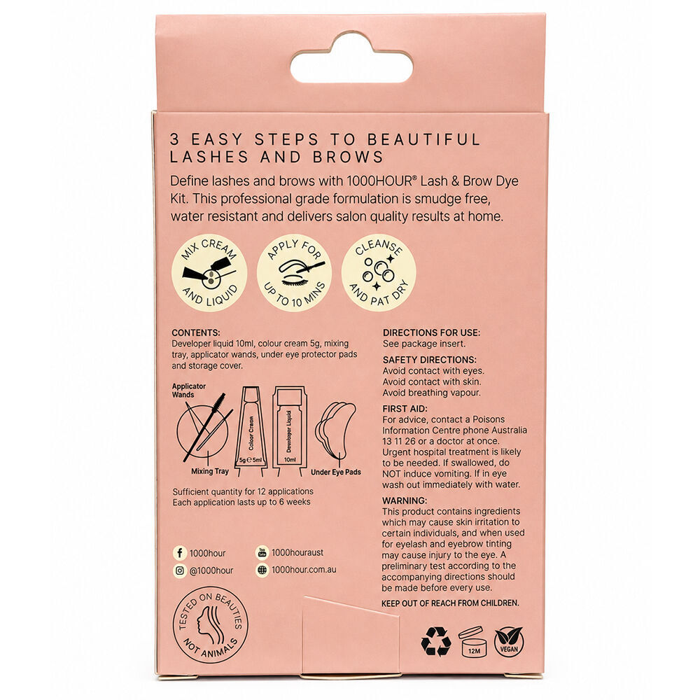 1000 Hour Eyelash and Brow Dye Kit Natural Black 2 Packs Of 12 Applications