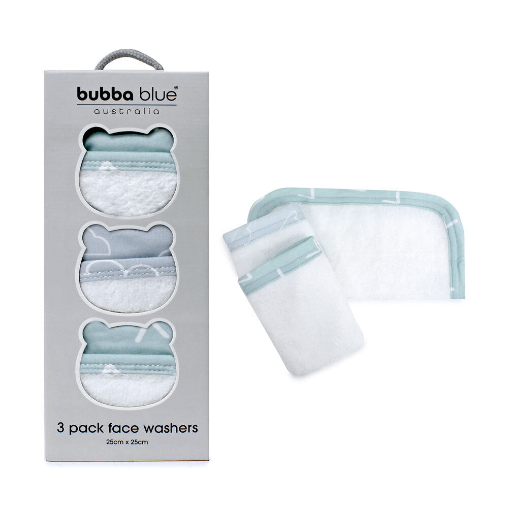 Bubba Blue Nordic 3pk Wash Cloth Dusty Sky Mint 25 x 25cm