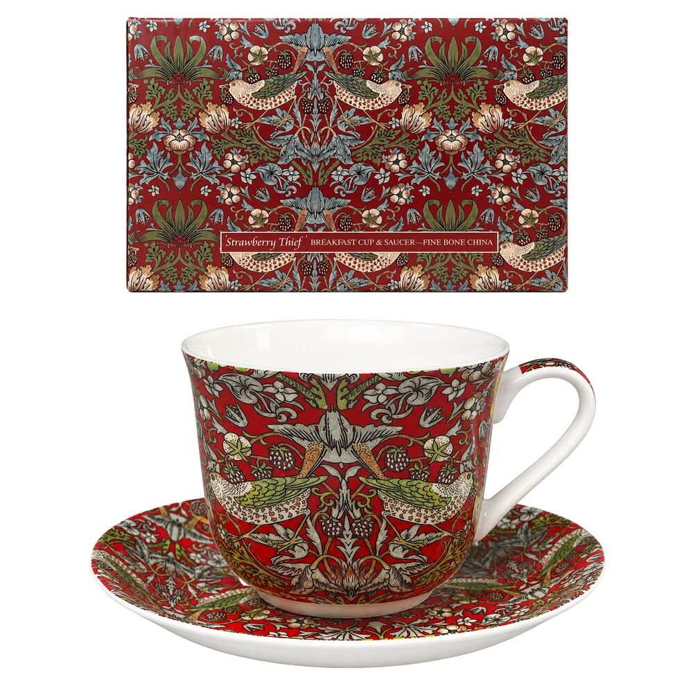 Strawberry Thief Breakfast Cup and Saucer Red Fine Bone China