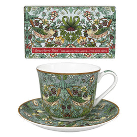 Strawberry Thief Breakfast Cup and Saucer Aqua Fine Bone China