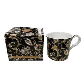 Jacobean Black Palace Mug Paisley Floral Fine Bone China