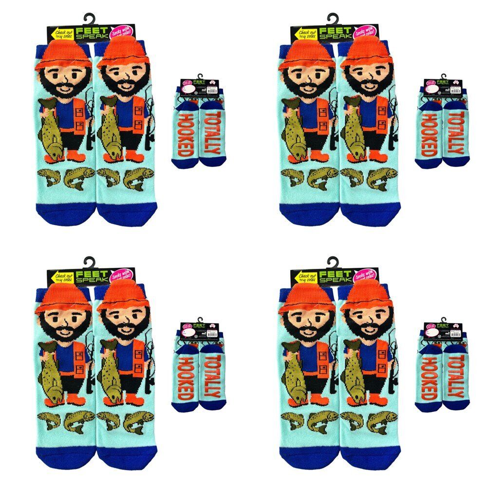 Feet Speak Fisherman Novelty Socks Totally Hooked Soles One Size Fits All Pack of 4