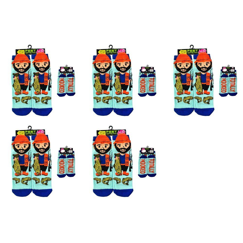 Feet Speak Fisherman Novelty Socks Totally Hooked Soles One Size Fits All Pack of 5