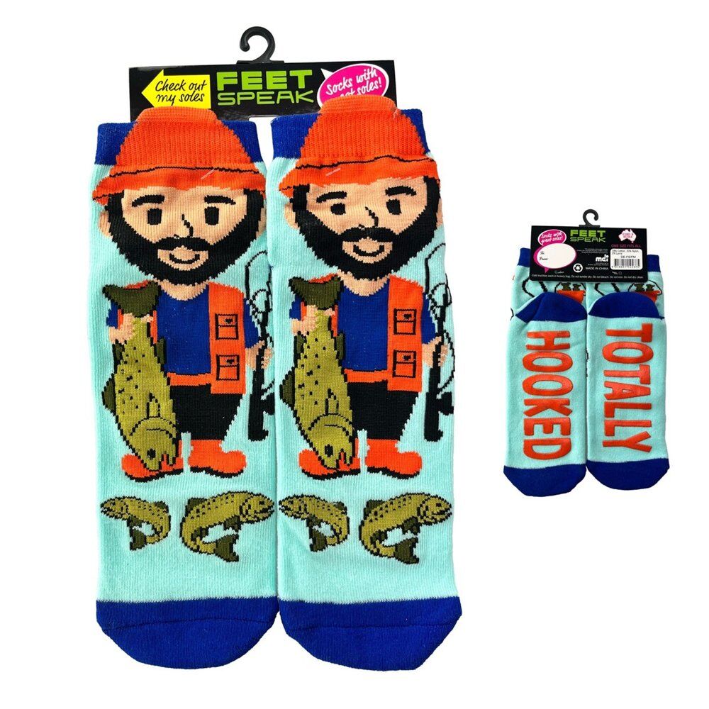 Feet Speak Fisherman Novelty Socks Totally Hooked Soles One Size Fits All Pack of 6