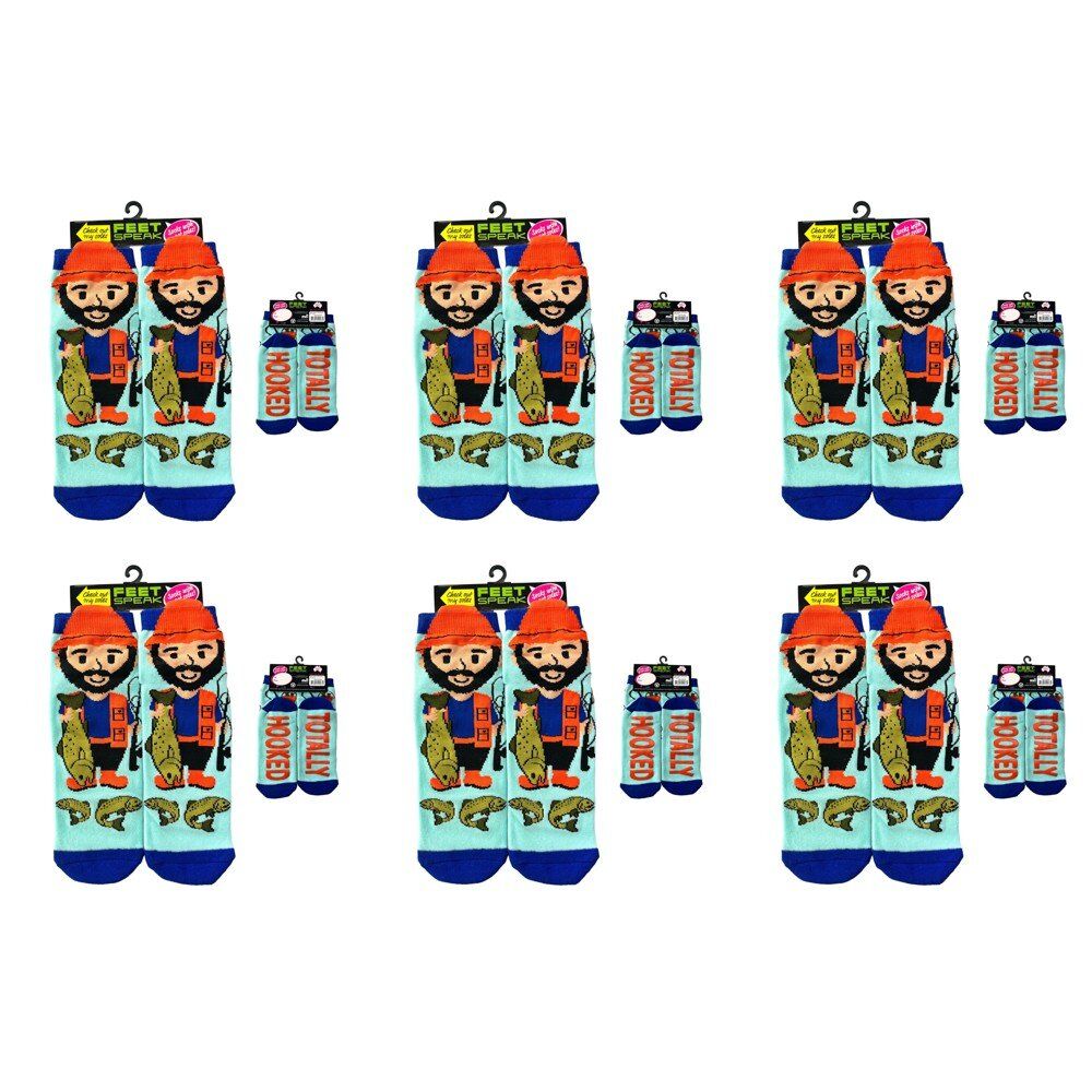 Feet Speak Fisherman Novelty Socks Totally Hooked Soles One Size Fits All Pack of 6