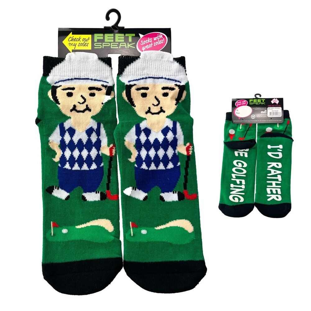 Feet Speak Golfer Novelty Socks I'd Rather Be Golfing Soles One Size Fits All Pack of 3