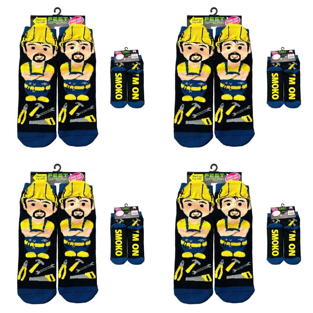Feet Speak Tradie Novelty Socks I'm On Smoko Soles One Size Fits All Pack of 4