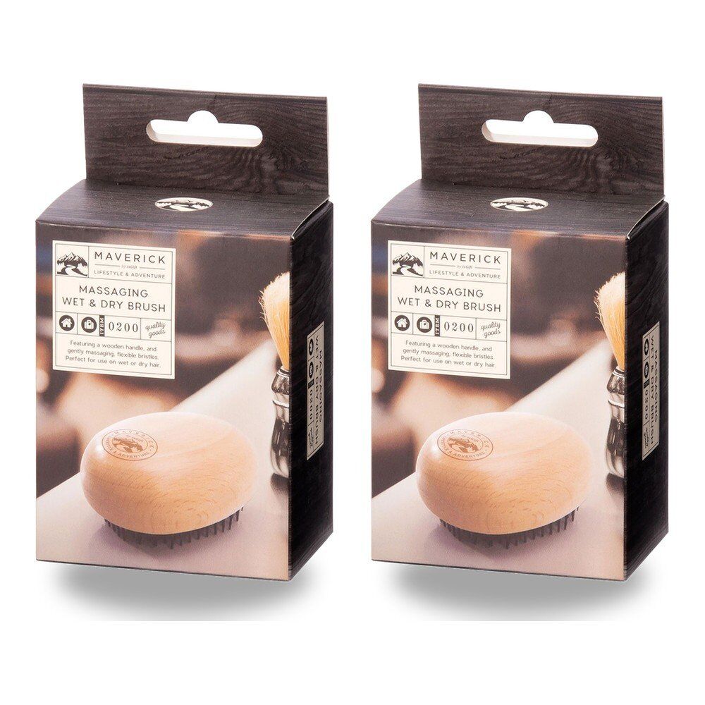 Maverick Massaging Wet and Dry Hair Brush with Wooden Handle Pack of 2