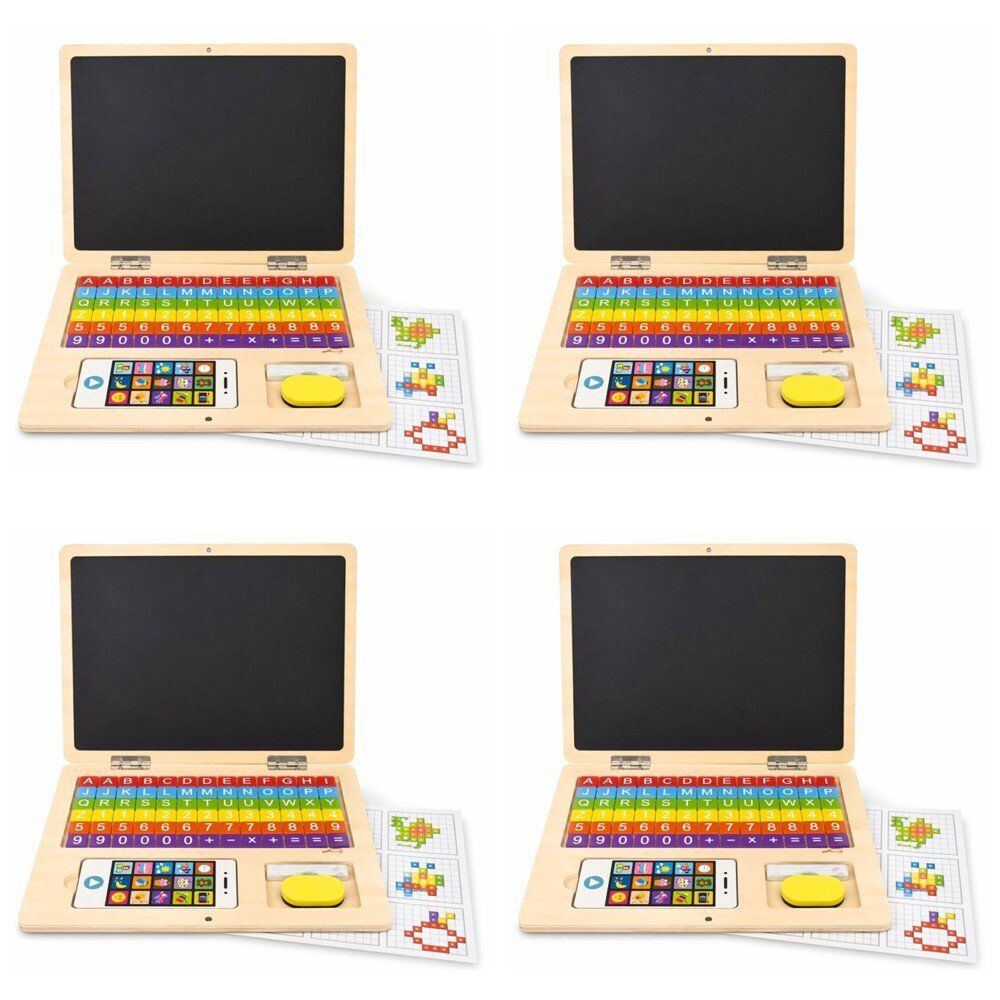 Wooden Magnetic Notebook Laptop Toy with Alphabet Tiles and Chalkboard Pack of 4