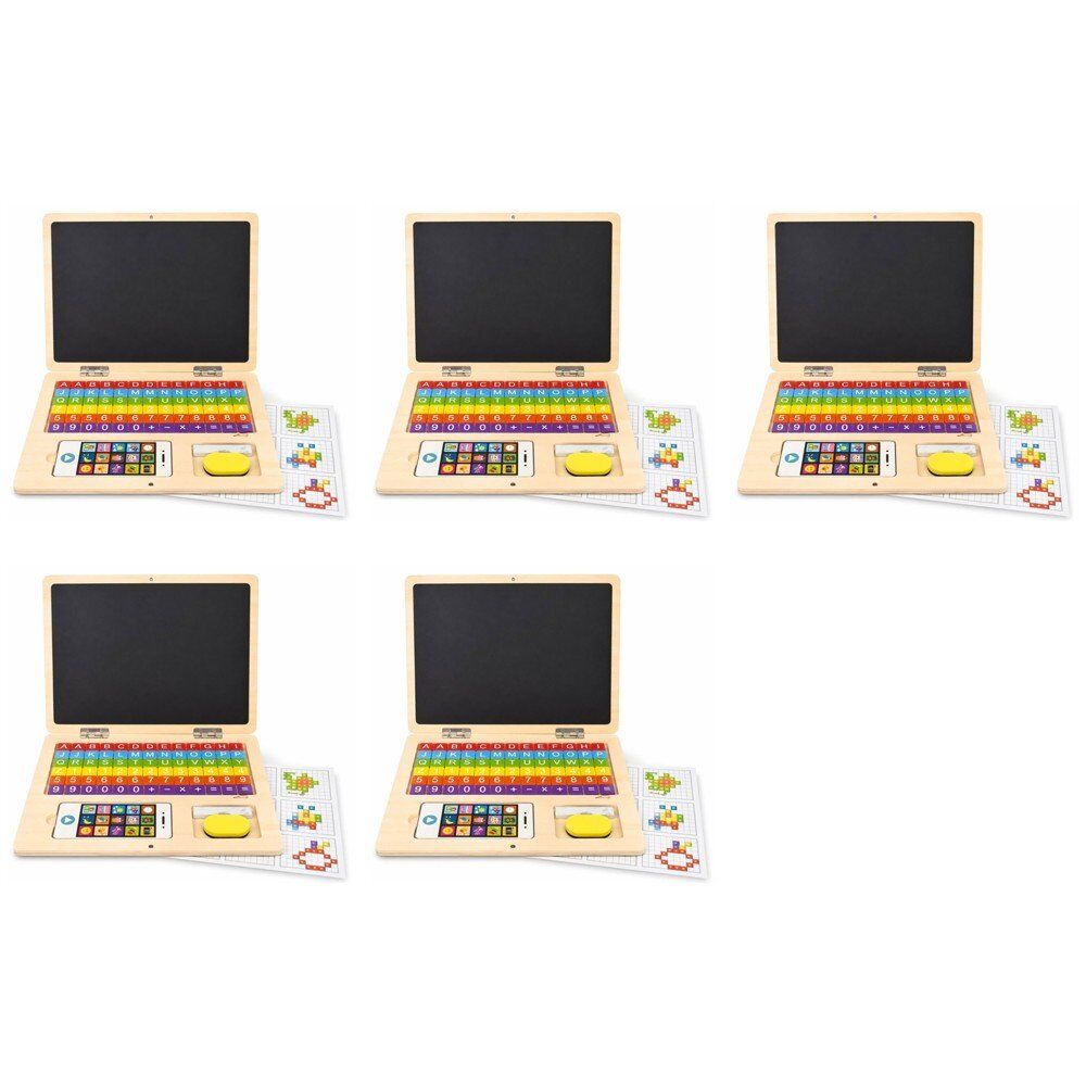 Wooden Magnetic Notebook Laptop Toy with Alphabet Tiles and Chalkboard Pack of 5