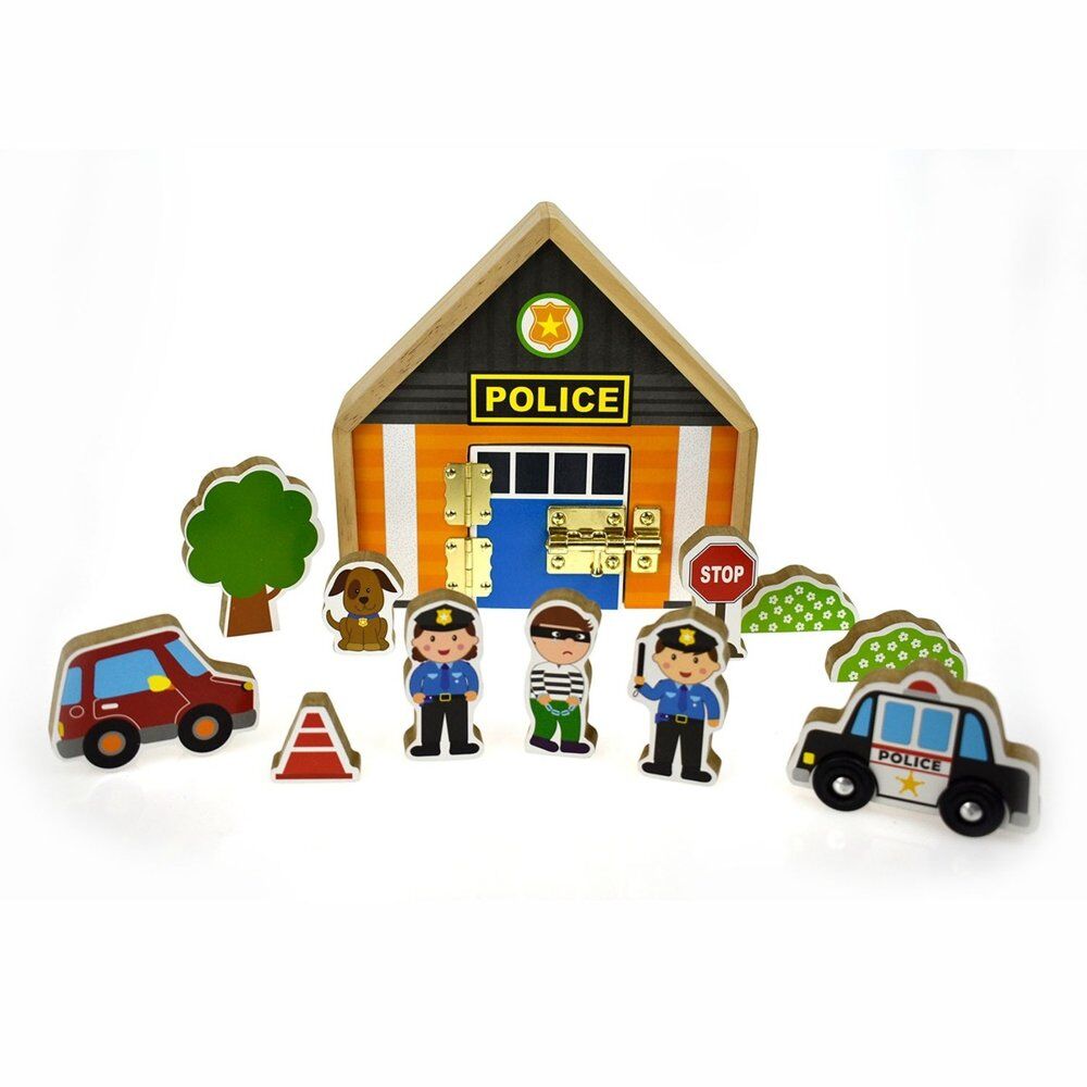 Wooden Police Station Playset with Figures and Vehicles Pack of 3