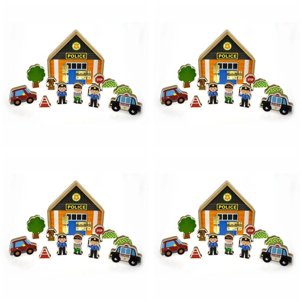Wooden Police Station Playset with Figures and Vehicles Pack of 4
