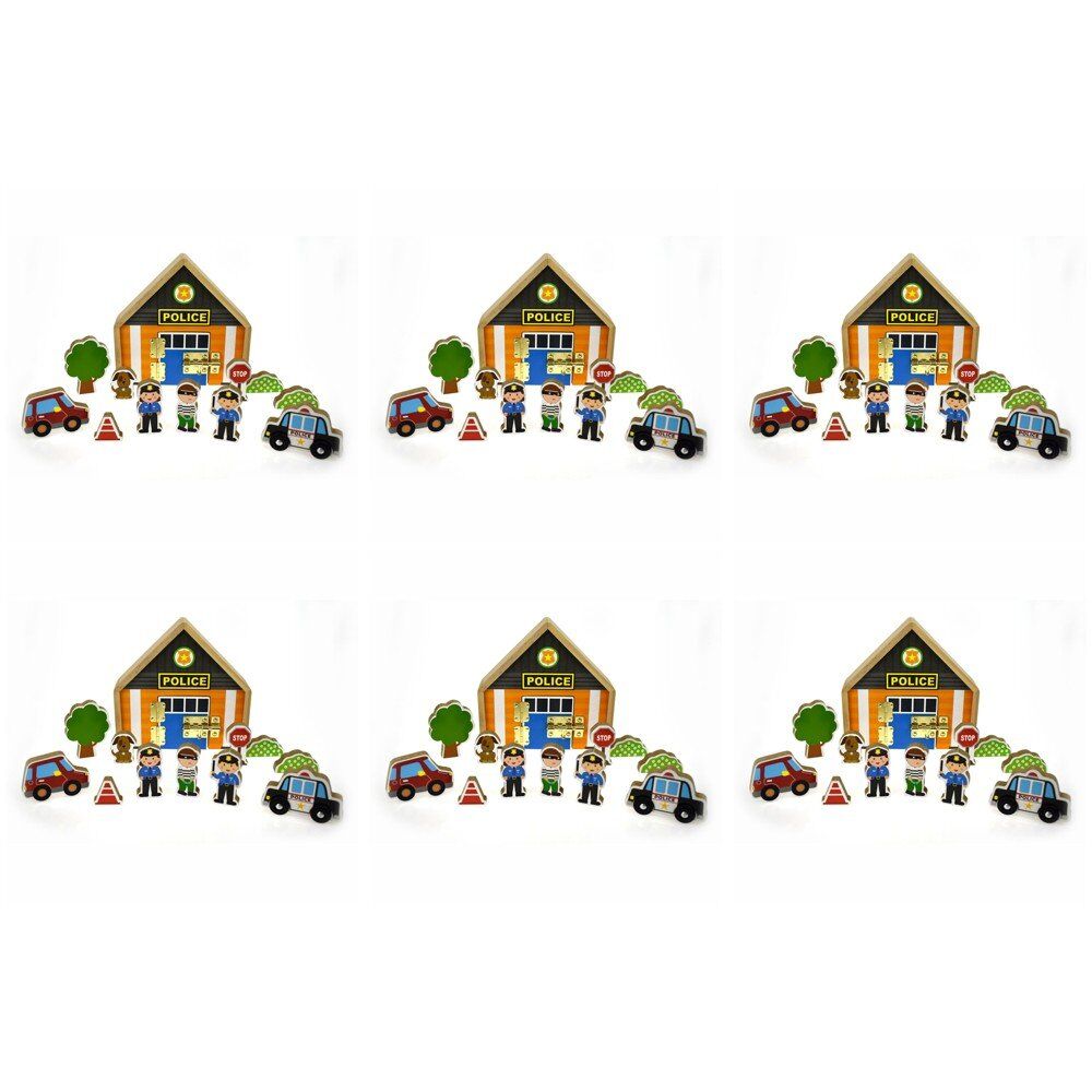 Wooden Police Station Playset with Figures and Vehicles Pack of 6