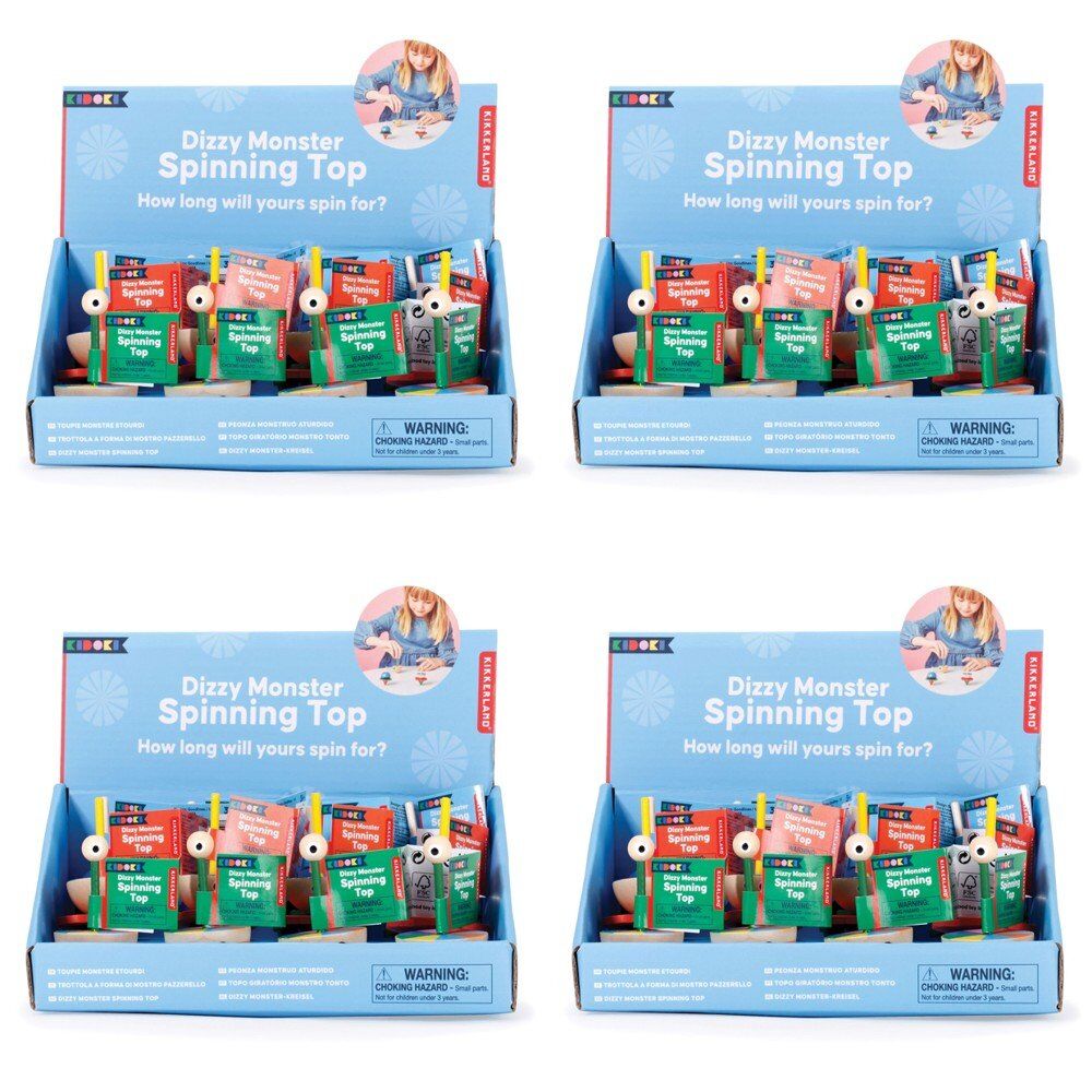 Kikkerland Kidoki Dizzy Monster Wooden Spinning Top Counter Display of 12 Bundle of 4