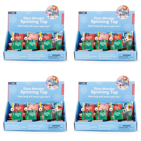 Kikkerland Kidoki Dizzy Monster Wooden Spinning Top Counter Display of 12 Bundle of 4