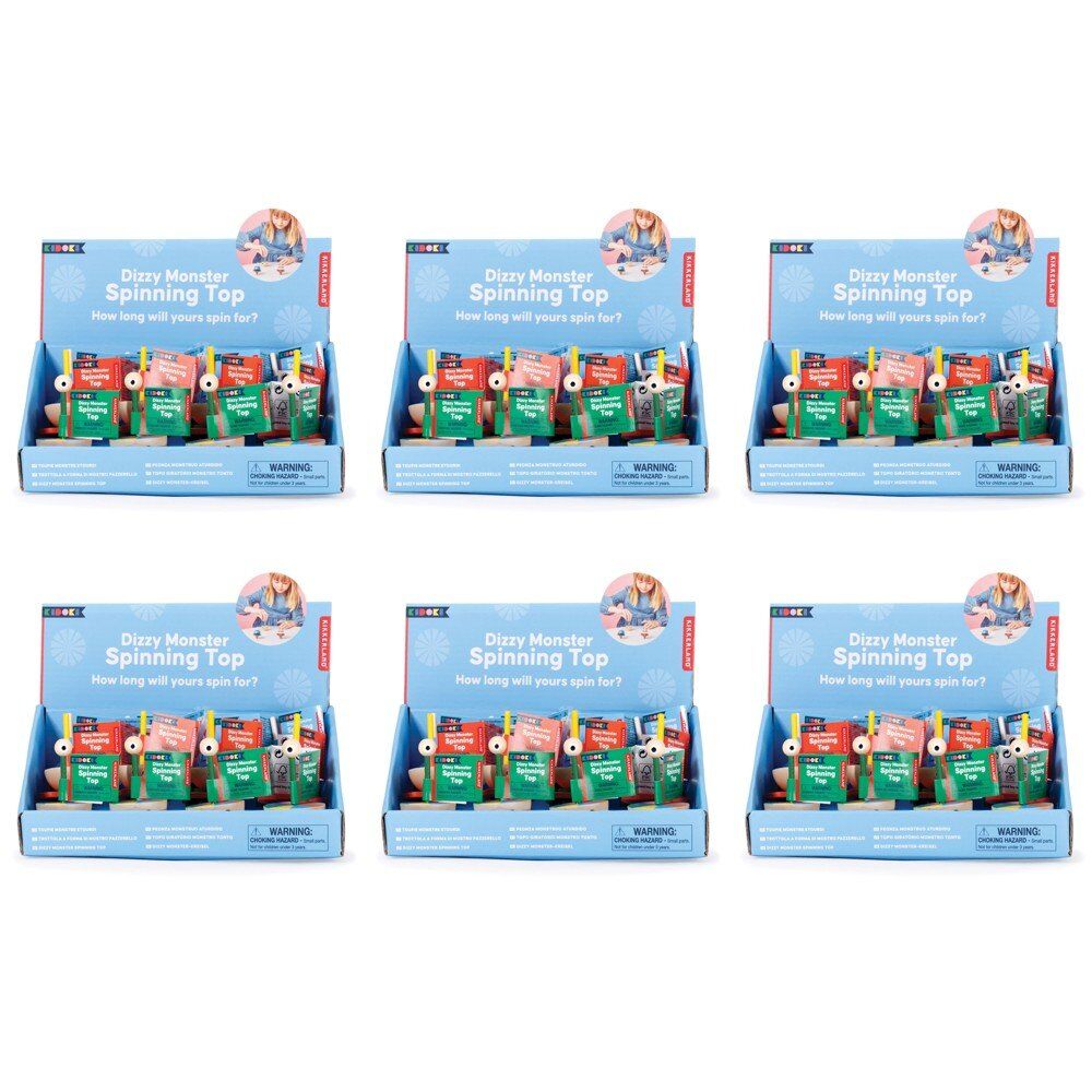 Kikkerland Kidoki Dizzy Monster Wooden Spinning Top Counter Display of 12 Bundle of 6