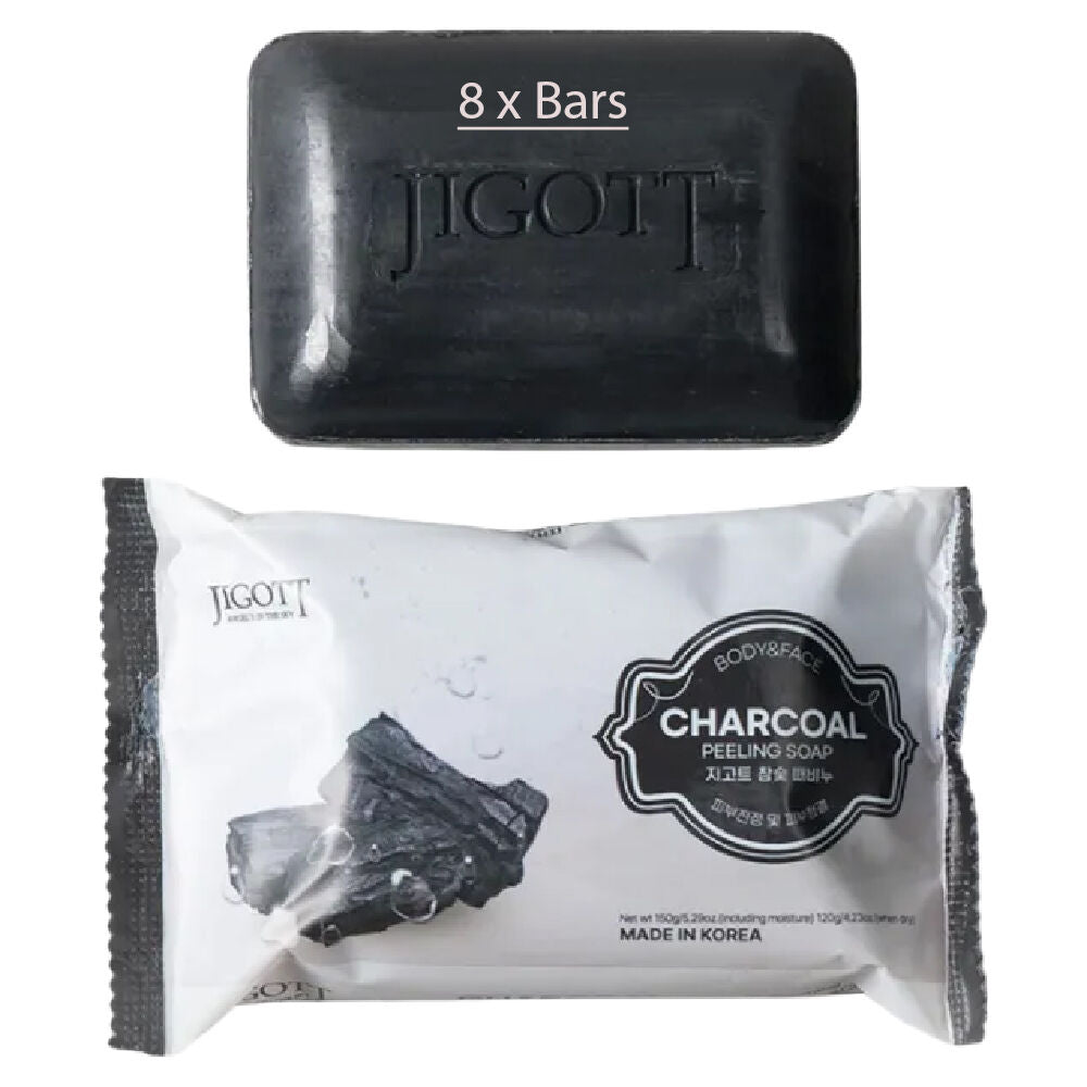 Jigott Exfoliating Body And Face Peeling Bar Soap 150g Charcoal x 8