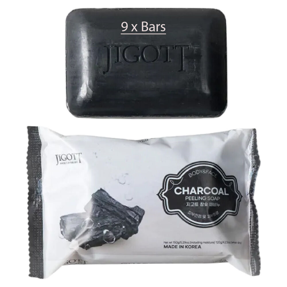 Jigott Exfoliating Body And Face Peeling Bar Soap 150g Charcoal x 9